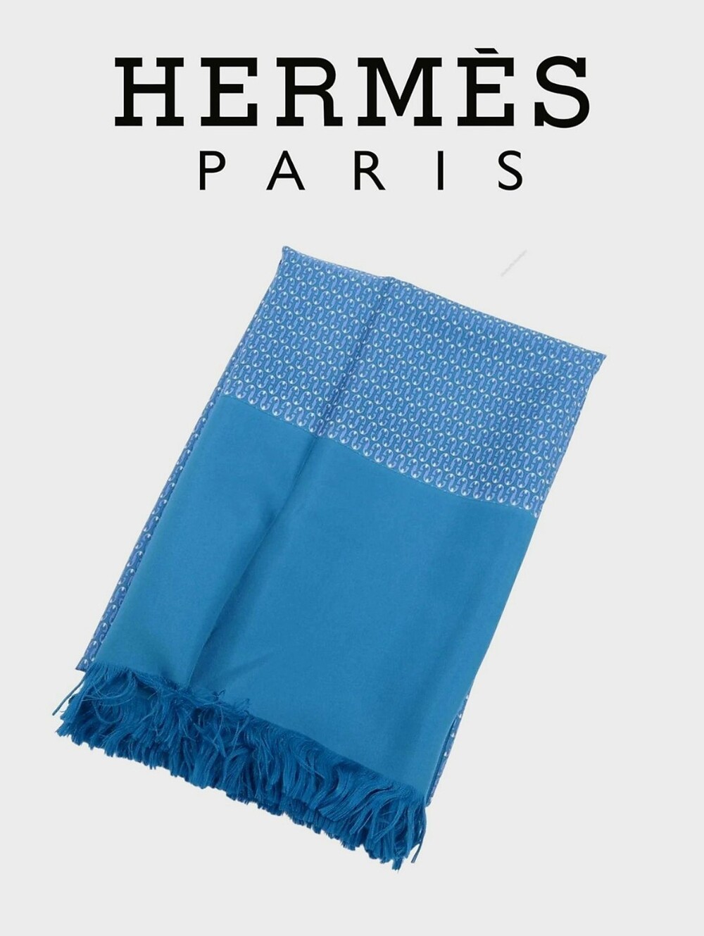 Ultra Rare! Like New! Hermes Chaine d'Ancre Scarf Blue 100% Silk Fringe Hermès